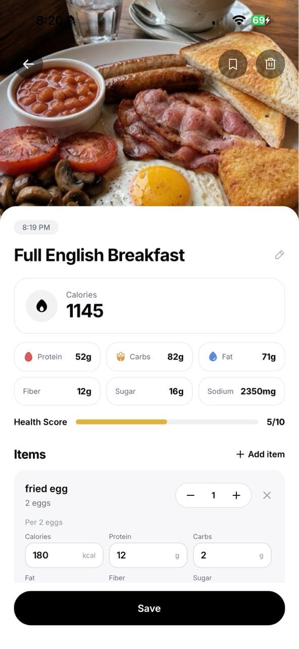 Macroh app showing a scanned plate with full calorie and macro breakdown